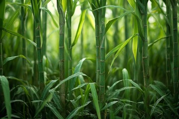 Obraz premium Green grass in the morning. Sugar Cane Plantation Growing Up