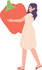 Girl carry fresh bell pepper. Local organic vegetable