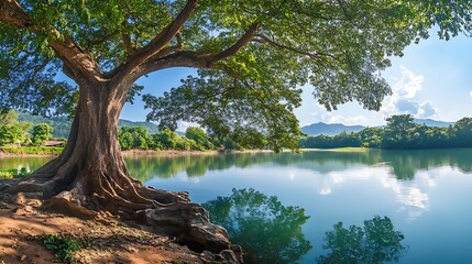 Large tree with exposed roots on the shore of a lake with mountains in the background.