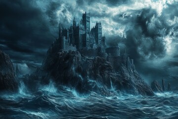 Fototapeta premium Dark Enchanted anime-style Medieval Castle on a Hill Surrounded by a Tempestuous Sea of Stormy Darkness, a Gothic Menace,Anime-Style,illustration,Picture BooksFor Poster,Novel,UI,WEB,Game,Design,Abstr