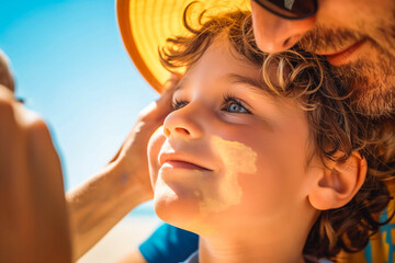 A parent gently applies sunscreen to a child's face