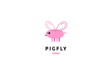 Template logo design solution with pig with wings minimalist funny image
