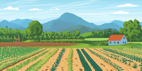 Depiction of regional agricultural practices with fields and traditional tools, flat illustration