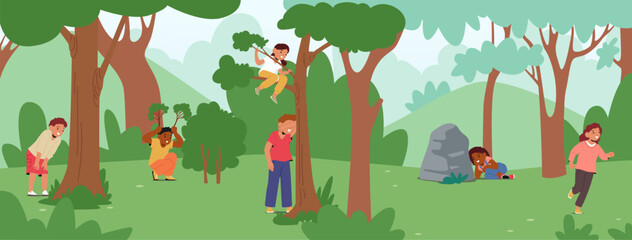 Children Playing Hide And Seek In A Green Forest. Happy Kids Are Hiding Behind Trees And Bushes As They Enjoy A Fun
