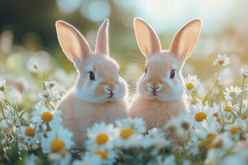 Obraz premium Two little sweet rabbits sitting in flowers daisy outdoors 