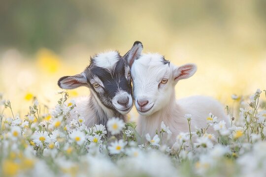 Depict two playful baby goats frolicking in a sunlit summer meadow on a farm, surrounded by vibrant wildflowers and lush grass.