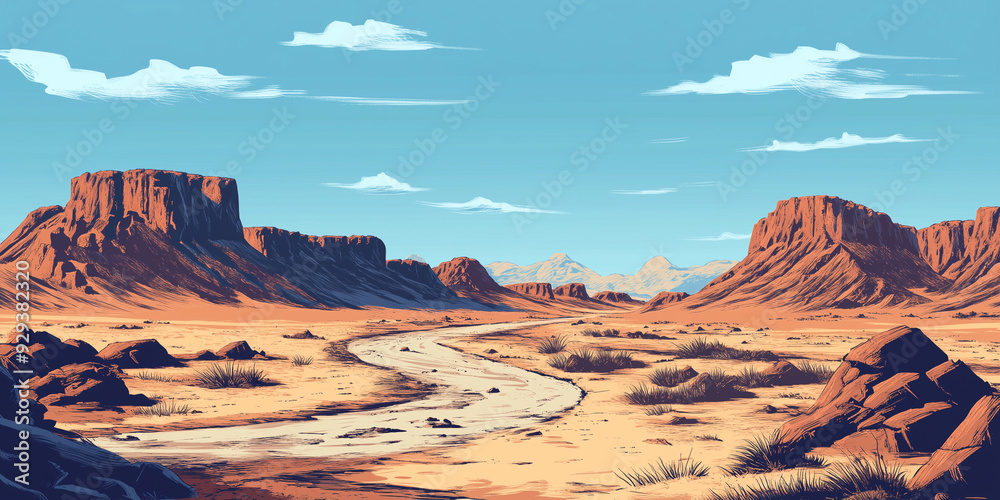 Wall mural dry riverbed winding through barren landscape, bordered by rocky outcroppings, flat illustration