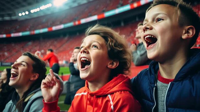 Two joyful kids celebrate their team's efforts, their excitement echoing through the stadium as fans rally around them in a spirited ambiance