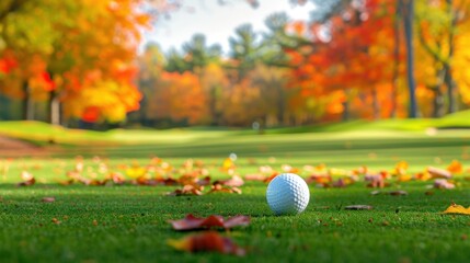 A golf course surrounded by vibrant autumn foliage, with a ball on the green.