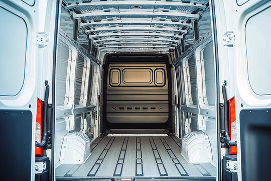 Rear doors of a white van open empty truck visible