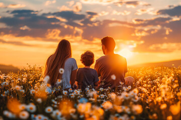 Rear view of parents and child in casual clothes sitting in the grass on a flowering meadow on beautiful summer evening. Happy family watching the setting sun enjoying their time together