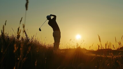 Fototapeta premium A golf silhouette against a setting sun, finishing a swing on the fairway.