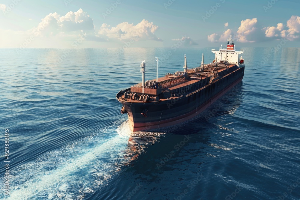 Poster a massive freighter vessel making its way through open waters, with waves and horizon visible