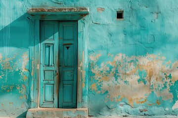 Blue Beachside Exterior Doorway Turquoise Color Background Vibrant Blue Monotone Wallpaper Beautiful Azure Backdrop, Empty Wall with Copy Space for Text