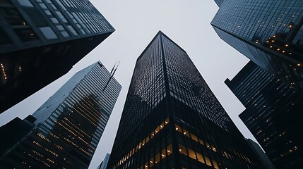 Low angle view of skyscrapers with glowing windows in the city.