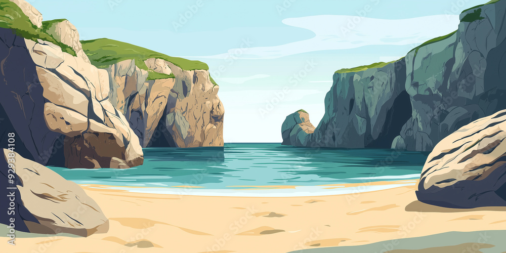 Wall mural sandy cove sheltered by high cliffs, with a calm sea beyond, flat illustration