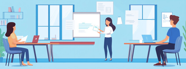 Office scene with diverse employees working on laptops and a female presenting a proposal, showcasing a collaborative and modern work environment.