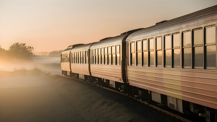 Fototapeta premium Rural passenger train moving through countryside at sunrise