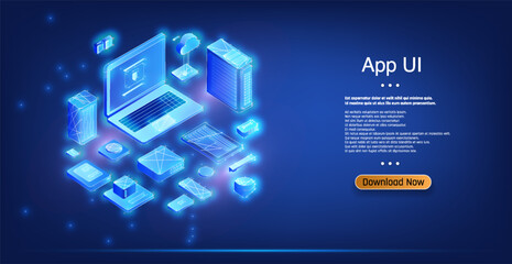 Fototapeta premium Digital interface design featuring laptop and app icons on a blue background