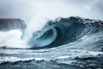 Stormy ocean scene with massive wave crashing