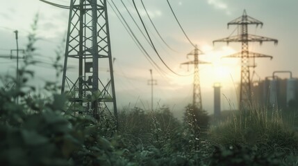 Sunset scene with power lines in the foreground