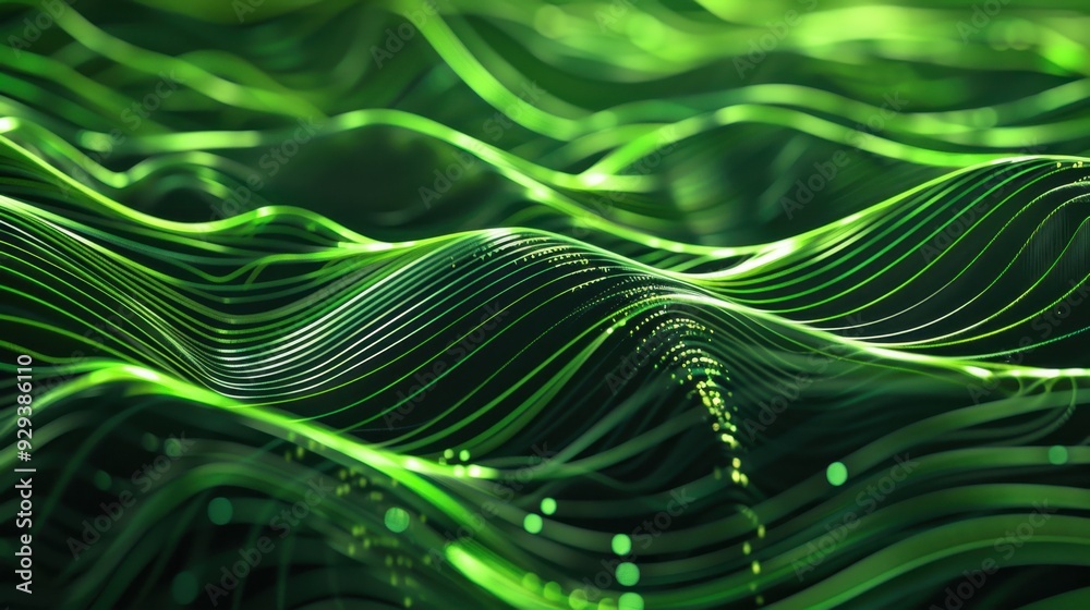 Poster abstract green digital data stream with flowing lines and shapes, ideal for tech and data themes.