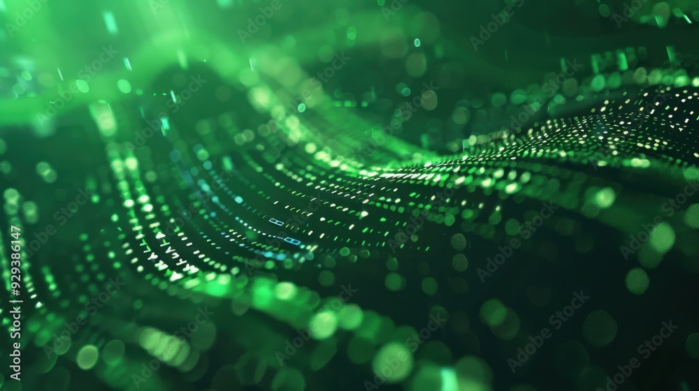 Poster abstract green digital data stream with flowing lines and shapes, ideal for tech and data themes.