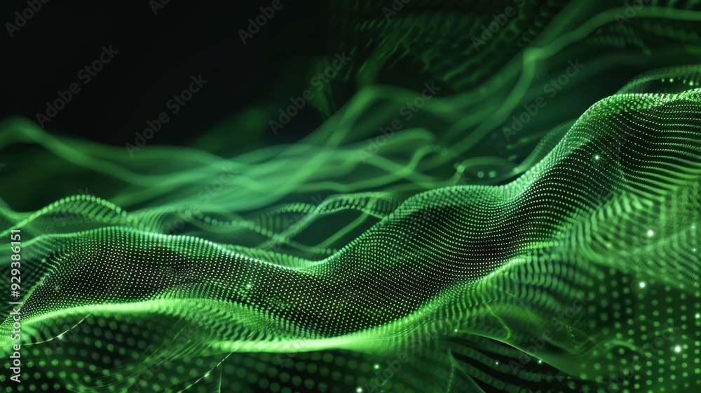 Poster abstract green digital data stream with flowing lines and shapes, ideal for tech and data themes.