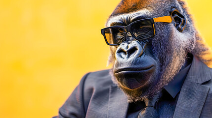 Obraz premium Stylish and Sophisticated Business Gorilla Portrait in Suit and Sunglasses Against Clean Yellow Background Concept Image for Creative Corporate or Commercial Purposes