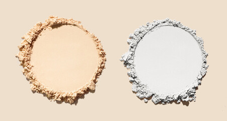 Cosmetic compact loose mattifying pressed powder isolated on pink background. Two colored samples: nude beige and white