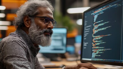 An older Indian man is focused on coding and engaging in a tech discussion in a bright office setting