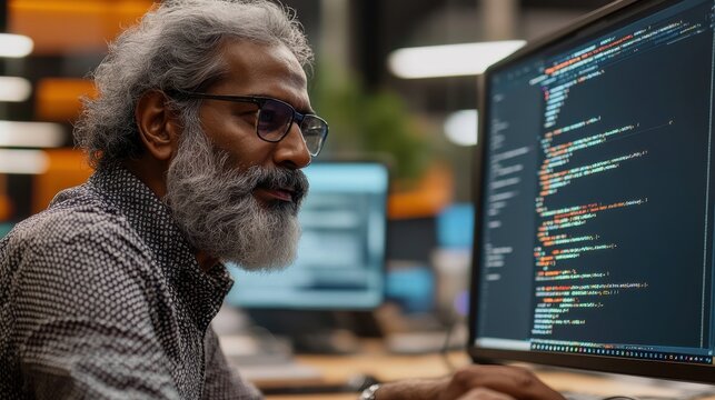 An older Indian man is focused on coding and engaging in a tech discussion in a bright office setting