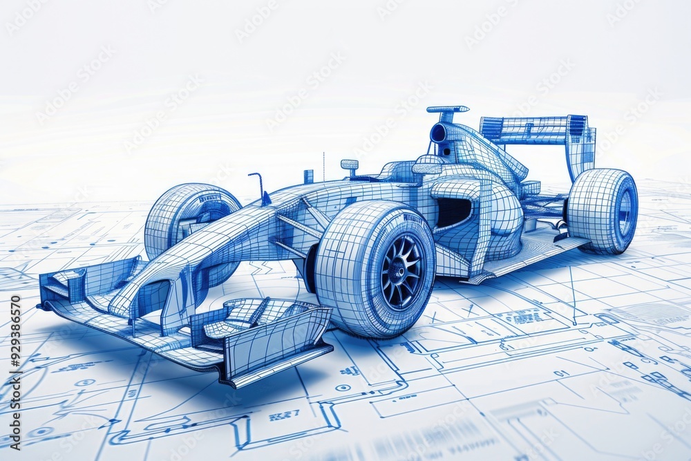 Poster a blueprint of a race car on top of another blueprint, illustration for design or engineering projec
