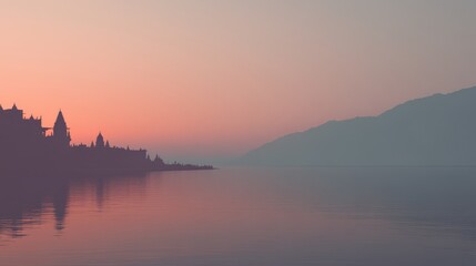 The calm lake reflects soft hues of sunset against distant mountain silhouettes