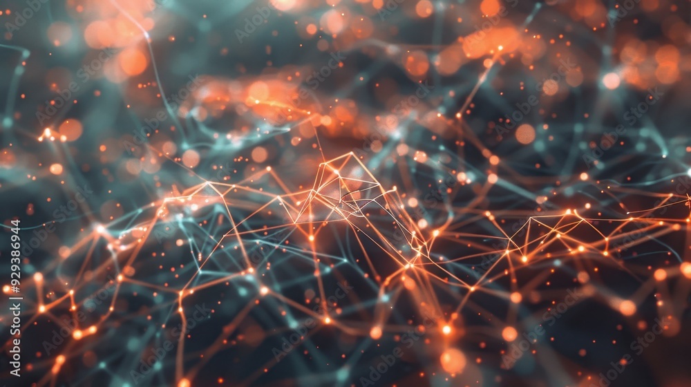 Poster abstract representation of ai with interconnected data nodes and glowing neural networks.