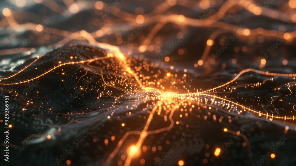 Poster abstract representation of ai with interconnected data nodes and glowing neural networks.