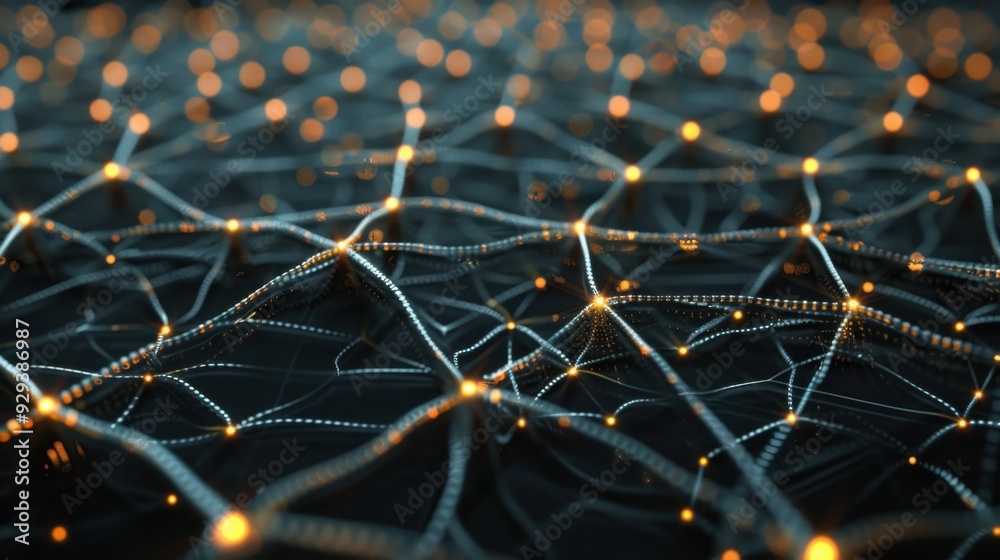 Poster abstract representation of ai with interconnected neurons and glowing pathways on a dark background.