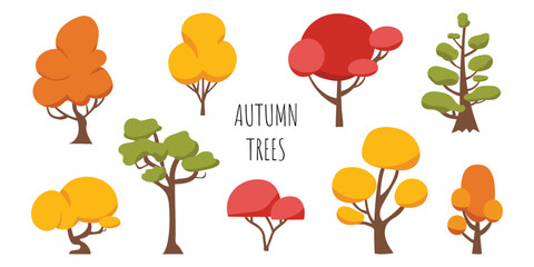Set of minimalistic autumn trees. Collection of different trees in autumn colors in flat style. Autumn vector illustration on white isolated background. Hand-drawn style. Clipart.
