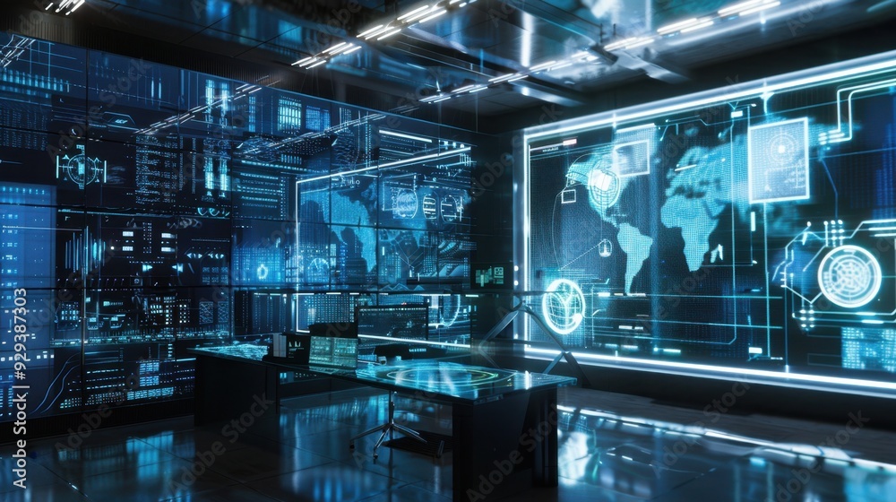 Poster ai interface with holographic data projections and interactive elements in a futuristic workspace.