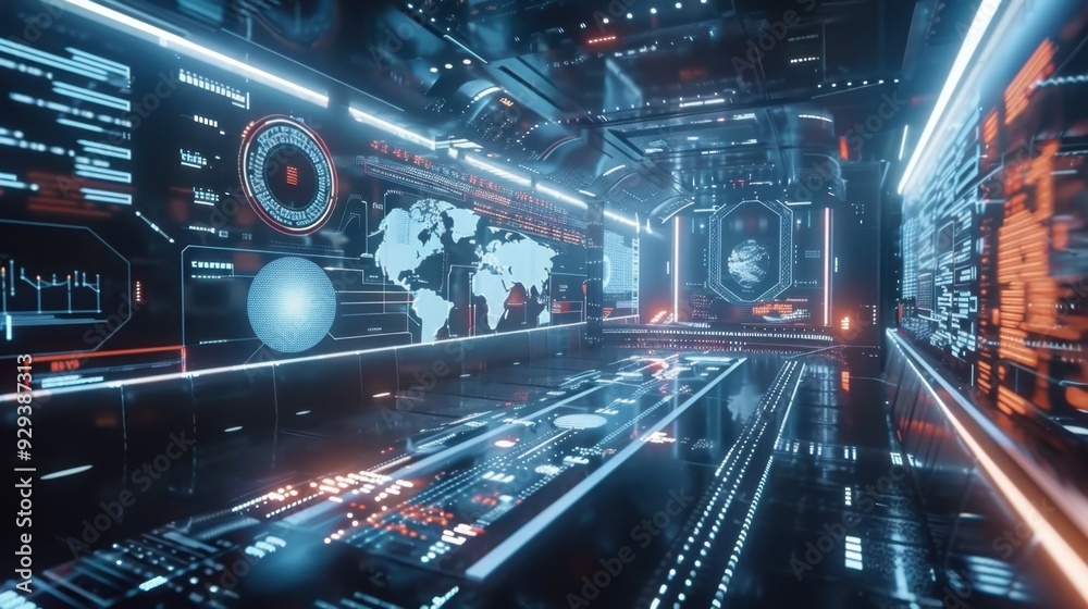 Poster ai interface with holographic data projections and interactive elements in a futuristic workspace.