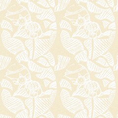 Modern white on cream lace effect wedding background texture. Soft tonal linen openwork block print with subtle hand drawn lattice damask printed fabric backdrop. 