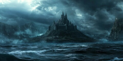 Dark Enchanted anime-style Medieval Castle on a Hill Surrounded by a Tempestuous Sea of Stormy Darkness, a Gothic Menace,Anime-Style,illustration,Picture BooksFor Poster,Novel,UI,WEB,Game,Design,Abstr