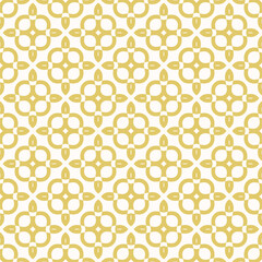 Vector geometric seamless pattern with curly shapes, curved lines, floral silhouettes. Simple gold and white ornament texture. Luxury abstract background. Repeated golden design element for decor