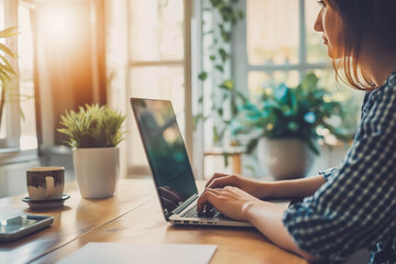 Fototapeta premium Woman doing high-tech computer work on her laptop with advanced security and identity verification