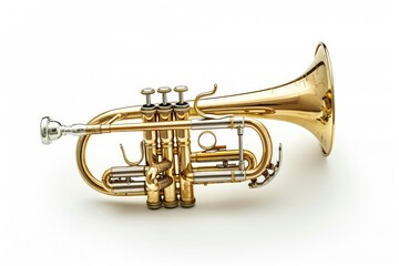 Obraz premium A golden trumpet placed on a plain white surface, ideal for use in music or inspirational themed projects