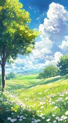 Obraz premium Enchanted anime-style Pastel Illustration of a Dreamy Summer Meadow: A Whimsical Journey into a Season of Bloom and Wonder,Anime-Style,illustration,Picture BooksFor Poster,Novel,UI,WEB,Game,Design,Abs