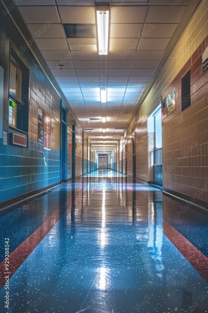 Poster a long, empty hallway with a clock on the wall