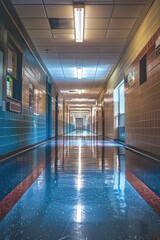 Fototapeta premium A long, empty hallway with a clock on the wall