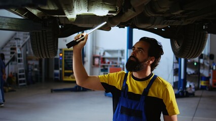 Precise serviceman working on suspended car in garage, checking parts during routine maintenance. Expert in auto repair shop walking underneath vehicle, scanning it using work light
