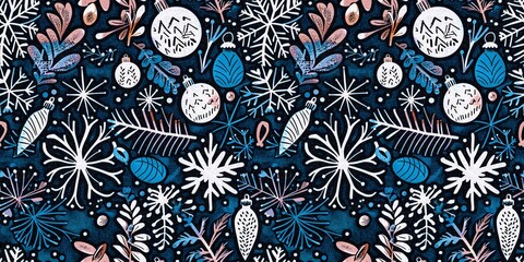 Blue rustic Christmas patterned seamless border background for frosty design texture. Fabric effect banner over foliage and snowy element seasonal backdrop repeat ribbon trim. 